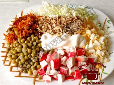 Салат с крабовыми палочками, грецкими орехами и пекинской капустой, режем Салат с крабовыми палочками, грецкими орехами и пекинской капустой, режем